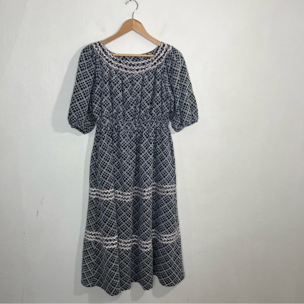 Just Me Black White Plaid Eyelet Ric Rac Trim Bishop Sleeve Dress Size Medium
